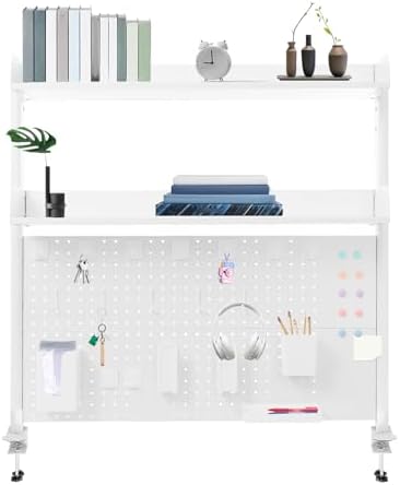 Clamp on Desk Shelf with Pegboard, Desk Extender Pegboard Workstation, Desktop Bookshelf Storage Shelves for Home Office Dorm, 37.4in (White) by Unknown