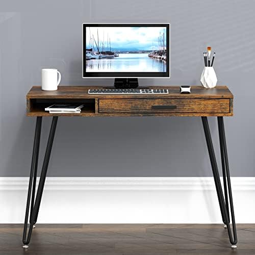 SHW Home Office Computer Hairpin Leg Desk with Drawer, Rustic Brown - Image 2