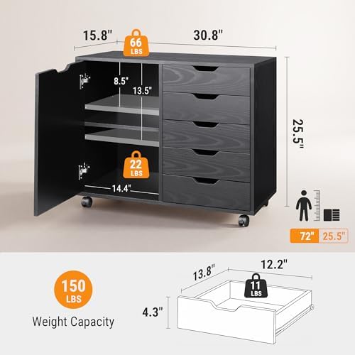 DEVAISE 5-Drawer Wood Drawer Cabinet, Office Storage Cabinet, Black - Image 3