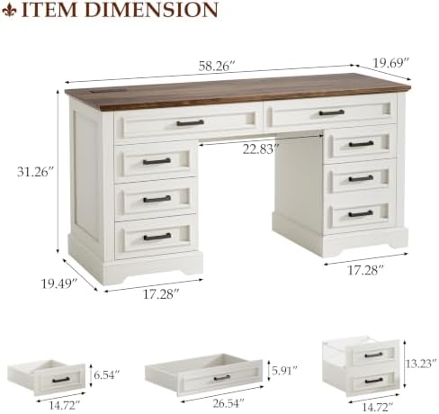 58" Executive Desk with 7 Drawers, Large Computer Desk with Charging Station , Wood Home Office Desk with File Drawer for Letter/A4 Size Hanging Files for Home Office, Rustic White and Rustic Brown - Image 2