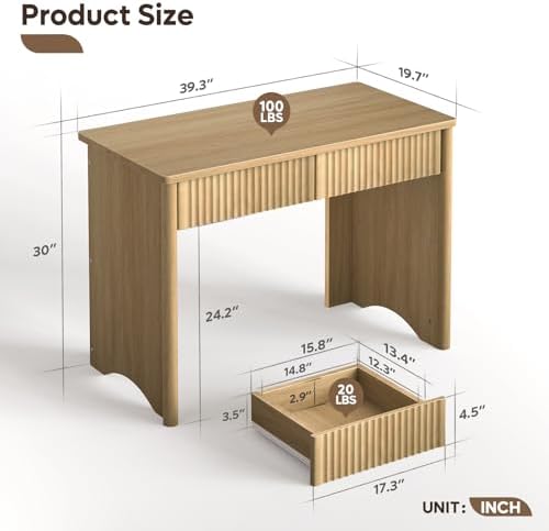 Bestier Fluted Computer Desk with 2 Drawers, 40 Inch Small Wooden Writing Study Work Desk, Computer Table, Compact Executive Home Office Desk for Small Spaces, Bedroom, Study, Living Room - Image 2