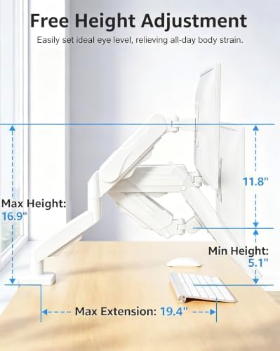 MOUNTUP Single Monitor Desk Mount Holds Screen up to 32 inch, Height Adjustable Monitor Arm, Full Motion Computer Monitors Stand with Clamp/Grommet Base, VESA Mounts Fit 4.4-19.8lbs Computer, White - Image 3