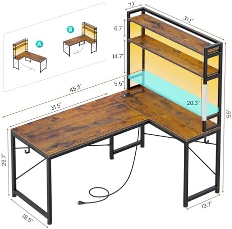 SEDETA L Shaped Desk with Hutch, 45.3” Reversible Home Office Desk, L Shaped Gaming Desk with LED Lights, Power Outlet, Storage Shelves and Hooks for Small Space, Rustic Brown - Image 2