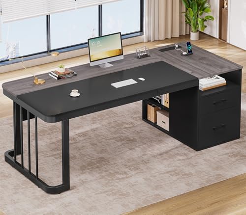 UPOSOJA 70.9" Executive Desk with Power Outlet, Large Office Desk with Drawers & Lateral File Cabinet, Modern Long Computer Desk with Adjustable Storage Shelves, Workstation Business Furniture (Grey) by UPOSOJAWishesYouaNiceDay