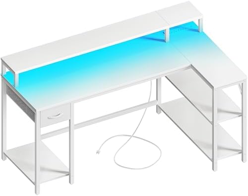 SUPERJARE 53 inch Reversible L Shaped Desk with LED Lights & Power Outlets, Computer Desk with Shelves & Monitor Stand, Gaming Desk with Drawer, Home Office Desk Corner Desk, PU White Drawer by SUPERJARE
