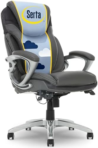 Serta Bryce Executive Office Chair - Ergonomic Computer Desk Chair with Patented AIR Lumbar Technology - Adjustable Height - Memory Foam Body Pillows - 360° Swivel Rolling Base - Bonded Leather - Gray by Serta
