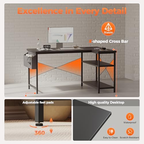Mericonia 55 inch L Shaped Gaming Desk, Large Corner Desk with Shelves - Image 5