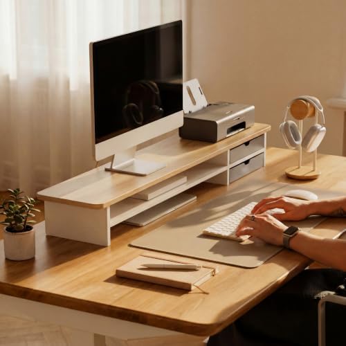 Fenge Monitor Stand, Desk Computer Riser with Frosted Storage Drawer, Oak - Image 5
