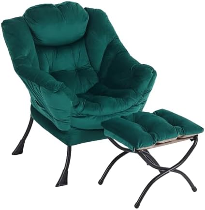 Furlide Lazy Chair with Ottoman, Comfy Velvet Reading Chair for Bedroom，Dark Green by Furlide