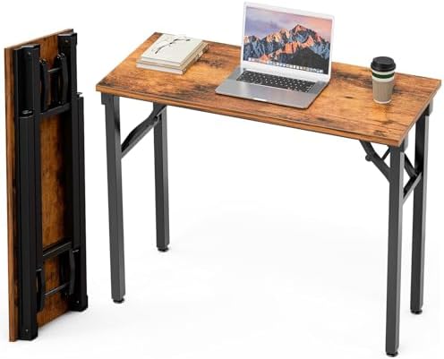 Folding Table Computer Desk - 35.8" No Assembly Folding Desk Design and Foldable Office Desk, Small Desk for Bedroom, Compact Storage Portable Use for Dorm and RV Small Space, Rustic Brown by HMFOR