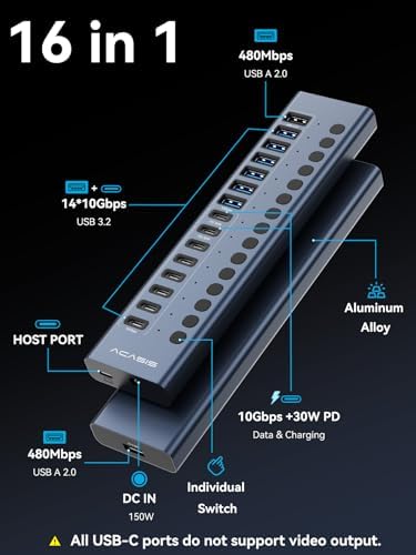 ACASIS Powered USB C Hub, 16-in-1 USB 3.2 Hub 10Gbps, 6 USB-A 3.2 + 2 USB-A 2.0+ 8 USB-C 3.2 Ports, Dual USB-C PD 30W, 150W Adapter, 3.3FT Cable, Aluminum USB Hub for PC, Laptop, Mac mini, iMac, iPad - Image 2
