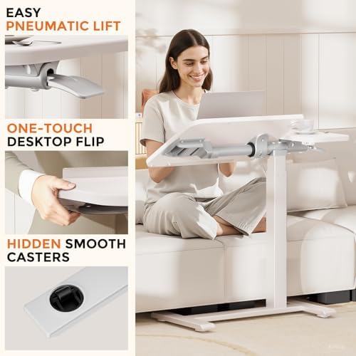 COMHOMA Tiltable Mobile Small Standing Desk, Pneumatic Adjustable Height Overbed Bedside Table with Wheels, Sit Stand Portable Rolling Laptop Desk Computer Workstations, White - Image 6