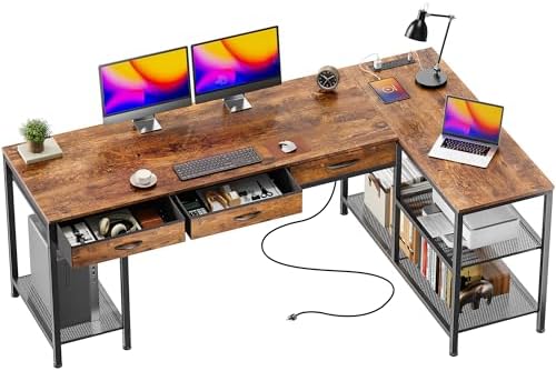 PRAISUN 63 Inch L Shaped Office Desk with Power Outlets and Type-C Port, Large Computer Gaming Desk with 3 Fabric Drawers, Mesh Shelves, Corner Study Work Writing Desk, Rustic Brown by PRAISUN