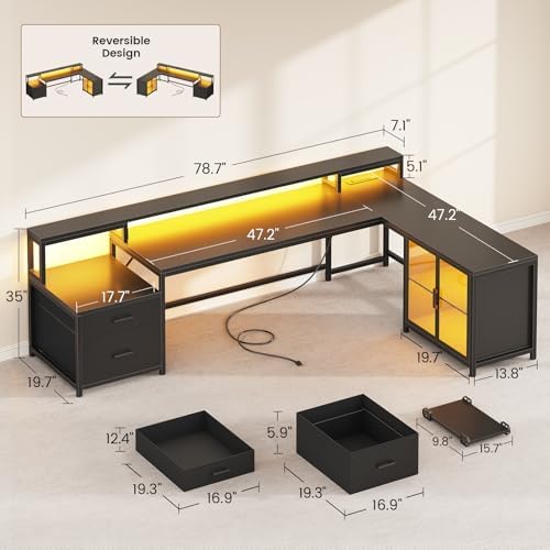SEDETA 78.7” Large L Shaped Gaming Desk with Drawers, LED Light - Image 2
