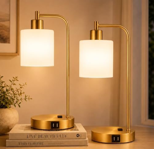 Set of 2 Industrial Touch Control Table Lamps with 2 USB Ports and AC Outlet - 3-Way Dimmable Gold Bedside Lamps Nightstand Desk Lamps for Bedroom Living Room, Opal Glass Shade & 2 LED Bulbs Included by Nintiue