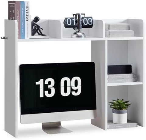 Nromant Desktop Bookshelf, Wooden Desk Storage Hutch with 4 Shelves, 3-Tier Desktop Display Organizer Rack for Office Home (White, 5 Shelves A) by Nromant