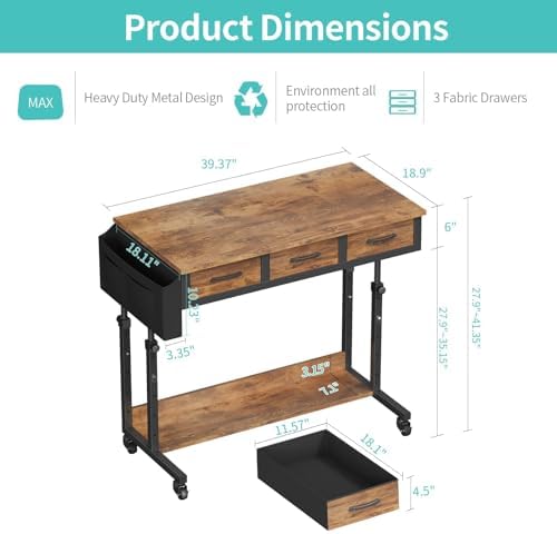 WINAZ Rolling Standing Desk Adjustable Height with Drawers on Wheels, 40 Inch Portable Mobile Stand Up Computer Desks for Bedroom Home Office, Couch Sofa Side Laptop Table with Storage, Rustic Brown - Image 3