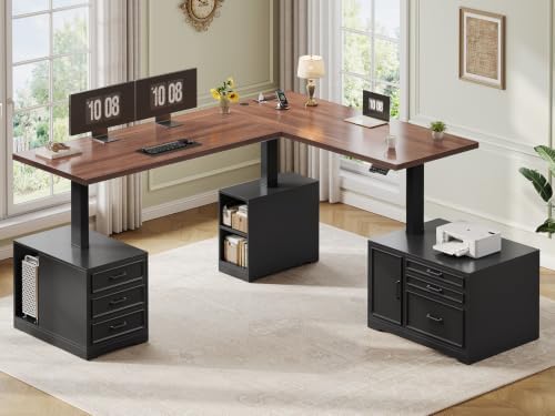SEDETA Farmhouse L Shaped Electric Standing Desk with File Cabinet, 77 x 55'' Height Adjustable Home Office Computer Desk with 6 Drawers, Power Outlet, Sit Stand Desk, Black - Image 3