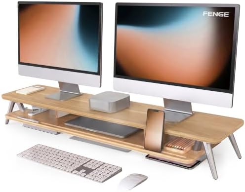 Fenge Dual Monitor Stand Riser, Wooden Desk Shelf with 2-Tier Storage by Fenge