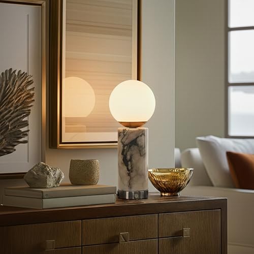 Brightech Aspen LED Table Lamp - USB Port Bedside Reading & Desk Lamp with Ambient Lighting - Marble Finish Globe Shade - Nickel - Image 3