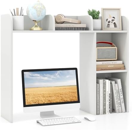GOFLAME 5 Shelves Desktop Bookshelf, Wood Desk Hutch Dorm for Computer Desk, Countertop Display Rack, 3-Tier Desk Storage Organizer Shelf for Dormitory, Home Office, Study, White by GOFLAME