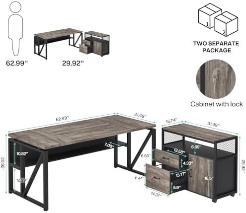 Tribesigns L Shaped Desk with Drawer Cabinet, 63" Executive Computer Desk and lateral File Cabinet, 2 Piece Home Office Furniture with Drawers for Hanging File, Doors with Locks (Gray, 63 inches) - Image 2
