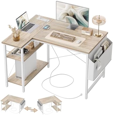 TIQLAB L Shaped Computer Desk with Power Outlets, 47 Inch Small Corner Desk with Reversible Shelves, Gaming Desk Computer Table Study Writing Table for Home Office Bedroom Small Space, Maple by TIQLAB
