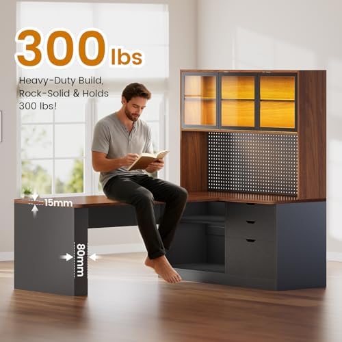 SEDETA L Shaped Computer Office Desk with 3 Wood Drawer and Large Bookshelf - Image 6