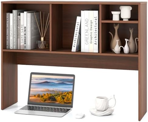 Goplus ReunionG Desk Hutch 2-Tier, Wood Hutch Top Only w/4 Shelves for Computer Monitor, Laptop, Dressing Table, Desk Organizer Display Rack Desktop Bookshelf for Home, Office, Dorm (Walnut) by Goplus