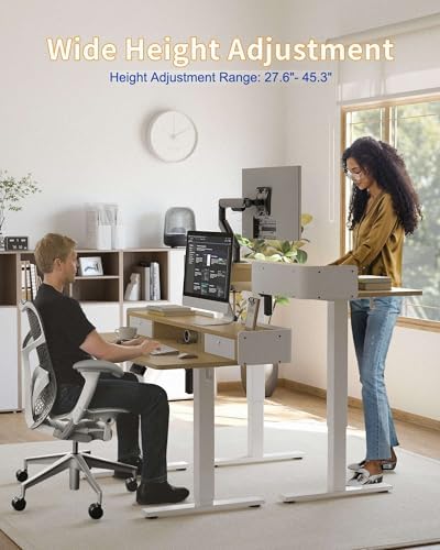 YIHAYO Electric Standing Desk with Drawers, 40 x 24 Inches Adjustable Desk with Storage Shelf, Stand Up Desk with Splice Board, Computer Table for Home Office, White Frame/Natural Top - Image 2