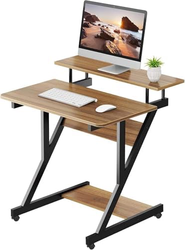 Dripex Computer Desk for Small Spaces, Z Shaped Small Computer Desk, 27.5 inch Compact Desk with Monitor Shelf and Bottom Storage Shelves, Space Saving Desk, Walnut by Dripex