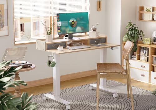 Claiks Standing Desk with Drawers & Wheels, 2 Height Shelf 48" Natural - Image 2