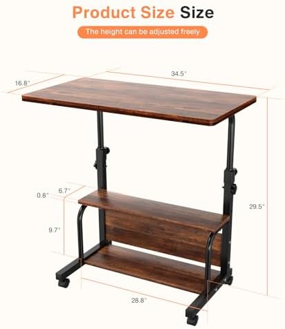 QZMDSM Portable Rolling Desk on Wheels Adjustable Height Desks for Small Spaces, 32" Computer Desk Drafting Tables with Storage Shelves for Home Office Rustic - Image 3