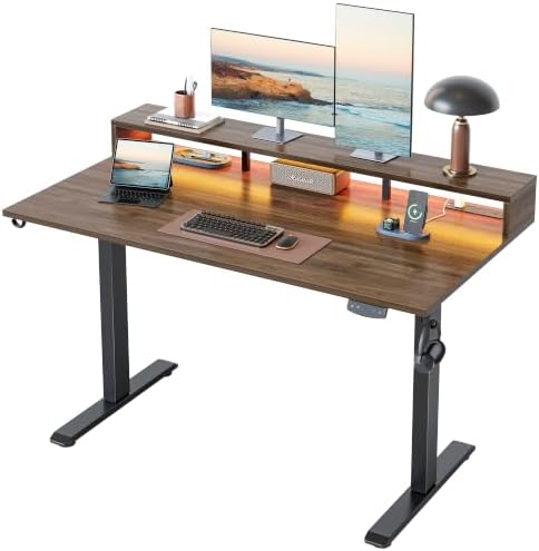 Klicelor Electric Standing Desk with Shelf, 55 Inch Height Adjustable Desk with Power Outlets & LED, Sit Stand Up Table with Monitor Stand, Computer Workstation for Home Office, Dark Walnut by Klicelor