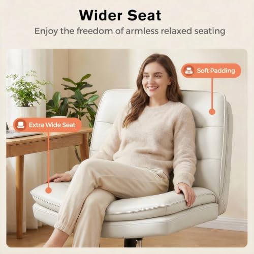 GTPLAYER Cross Legged Office Chair, Armless Desk Chair Cute Vanity Chair with Wheels Computer Chair Comfy Wide Office Chair Adjustable Swivel for Home Computer Task,Pu Leather Beige - Image 5