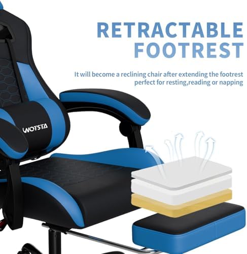 Gaming Chair with Footrest, Gaming Chairs PVC Leather Ergonomic Office Gamer Chair Headrest Lumbar Support Racing Style Video Gaming Chair for Office (Black Blue) - Image 5