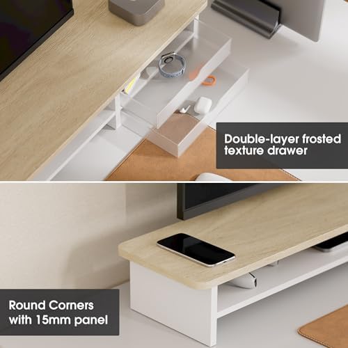 Fenge Monitor Stand, Desk Computer Riser with Frosted Storage Drawer, Oak - Image 4
