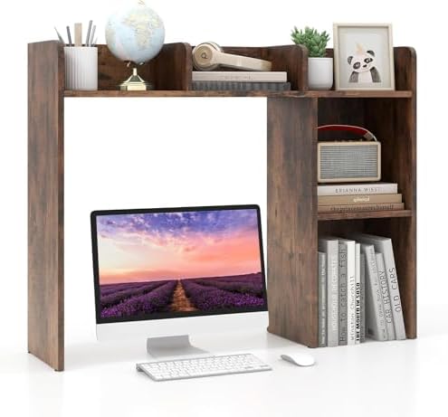 LDAILY Desktop Shelf, Multipurpose Wood Desk Hutch for Max 27" Computer Monitor, Countertop Storage Hutch with 5 Shelves, 3 Tier Desktop Display Rack for Dorm Office Home (Rustic Brown) by LDAILY