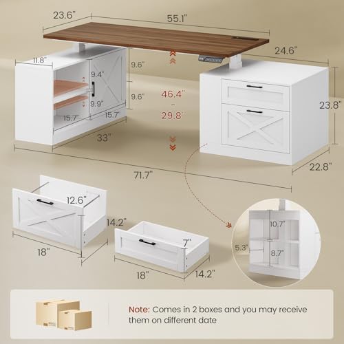 UPOSOJA 71" Farmhouse L Shaped Standing Desk, Electric Height Adjustable Corner Desk with Storage Cabinet & File Drawers, Wood Stand up Computer Desks with Power Outlets for Home Office - Image 2