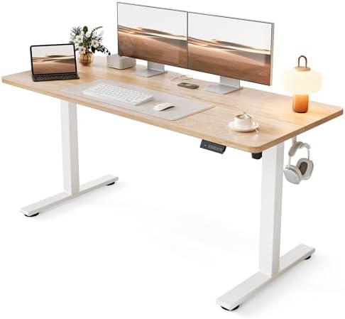 Cubiker Standing Desk, 55x24 Inches Sit Stand Home Office Desk, Electric Stand up Desk, Adjustable Desk with Splice Board, White Frame/Maple Top by CubikerHomeOfficeFurniture