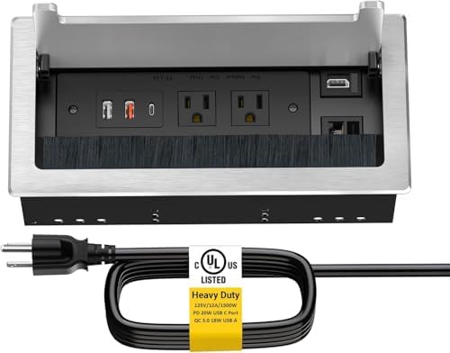 10FT Conference Table Power Hub, Outlet Multimedia Connectivity Box with 1 HDMI + 1 RJ45 + 20W USB C + 2 USB A + 2 AC Outlets, Heavy Duty Metal Table Top Box for Countertop Office UL Listed by Kungfuking