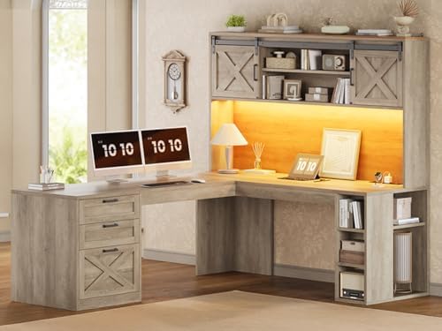 SEDETA 67" Farmhouse L Shaped Desk with Hutch, Grey by SEDETA