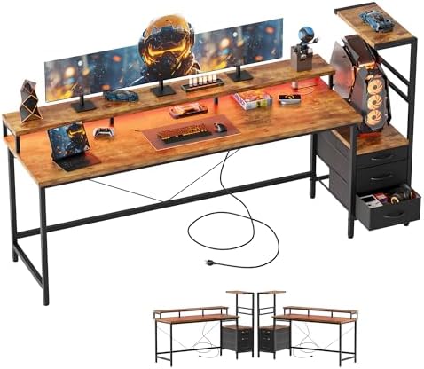 Mericonia 68 inch Gaming Desk with Drawers, Reversible Computer Desk, Brown by MERICONIA