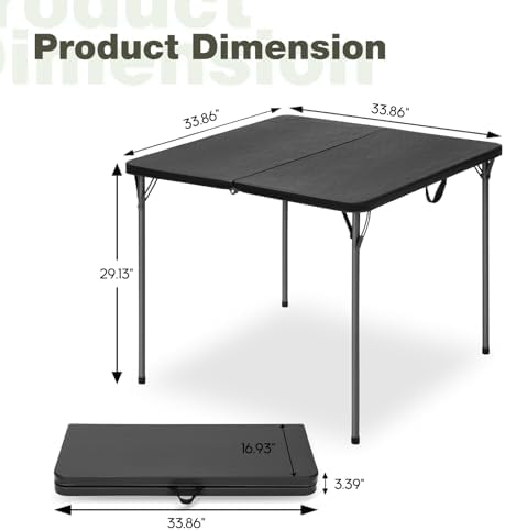 34" Square Folding Table for 4 Person, 330lbs Weight Capacity Foldable Table with HDPE Tabletop & Heavy-Duty Steel Legs, Large Portable Picnic Table for Indoor Outdoor Parties, Camping, Black - Image 3