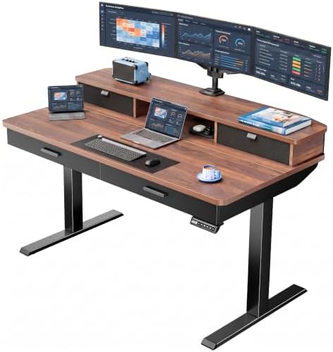 HUANUO 55 x 30 inch Electric Standing Desk with 2 Wood Drawers, Adjustable Height Sit Stand Desk for Home Office, Ergonomic Stand up Desk with 4 Memory Presets, 176 lbs Capacity, Walnut Top by HUANUO