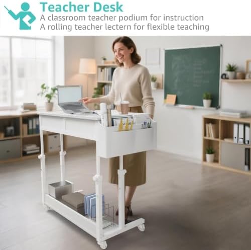 WINAZ Small Rolling Standing Desk with Drawers & Storage, 32 Inch Height Adjustable Desk on Wheels for Teachers, Students, Portable Mobile Workstation for Home Office, Small Spaces, Sewing & Crafts - Image 4