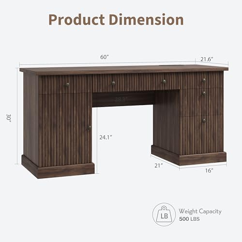 Garvee 60" Office Desk with Storage & Drawers for Home Office, Brown - Image 2