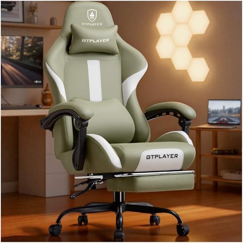GTPLAYER Gaming Chair with Foot Rest & Pocket Spring Cushion, Ergonomic High Back Computer Desk Chair with Headrest & Lumbar Support for Back Pain Relief, Breathable Fabric, Green by GTPLAYER