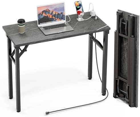 TEMI Small Computer Desk Folding Table - No Assembly, Compact 35.8" Foldable Desk with Power Outlets & USB Charging Port, Portable Small Office Desk, Ideal Mini Study Table, Marble Greige by TEMI