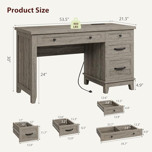 53.5" Farmhouse Home Office Desk with File Cabinet, Wooden Executive Desk with Power Outlet, Work Desk with Drawers, Traditional Wood Desk for Home and Office, Gray - Image 2